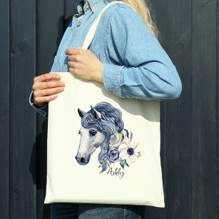 Grey blue horse with flowers personalised name tote bag