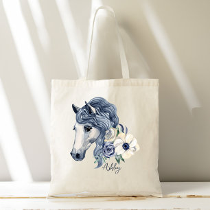 Grey blue horse with flowers personalised name tote bag