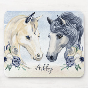 Grey blue horse with flowers personalized name mouse mat