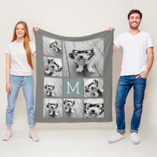 Grey Blue Instagram 8 Photo Collage CAN edit COLOR Fleece Blanket