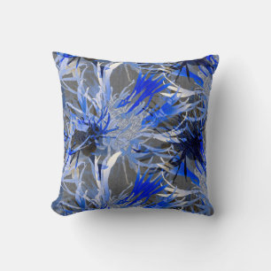 Grey & Blue Modern Elegant Abstract Floral Cushion
