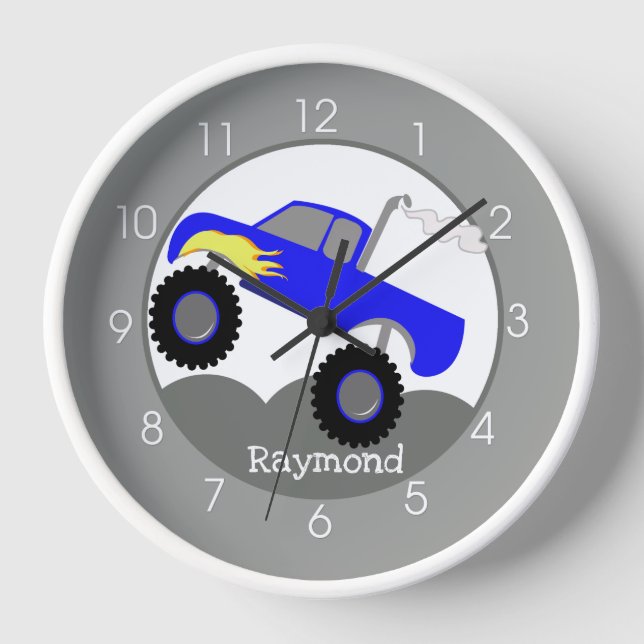 Grey Blue Monster Truck Boys Kids Toddler Wall Clock (Front)
