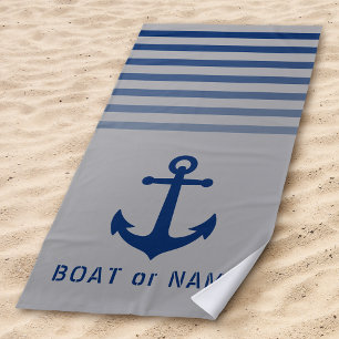 Grey Blue Nautical Anchor Your Name or Boat Beach Towel
