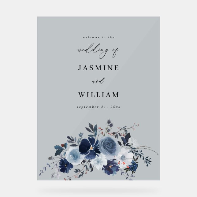 Grey- Blue & Navy Floral Wedding Welcome Acrylic Sign (Front)