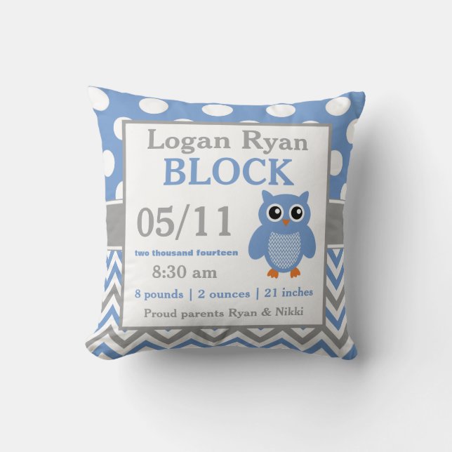 Grey Blue Owl Baby Announcement Pillow (Front)