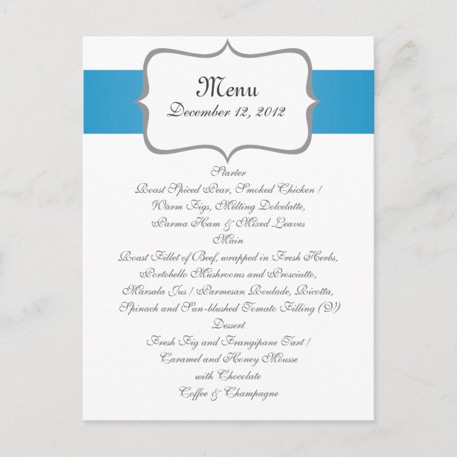 grey&blue paisley pattern on navy wedding menu postcard (Front)