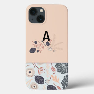 Grey Blue Peach Floral Repeat Monogram iPhone 13 Case