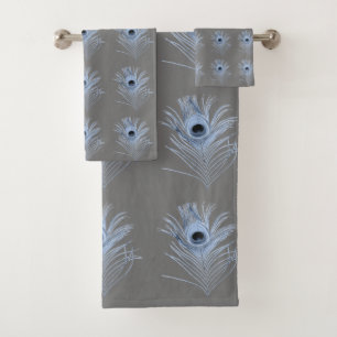 GREY BLUE PEACOCK FEATHERS BATHROOM TOWEL SET