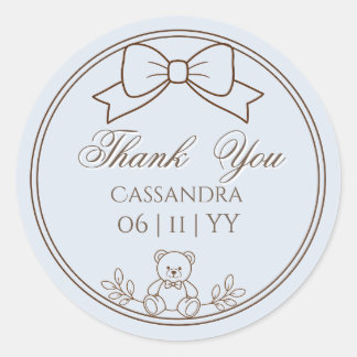 Grey Blue Personalised Teddy Bear Bow Classic Round Sticker