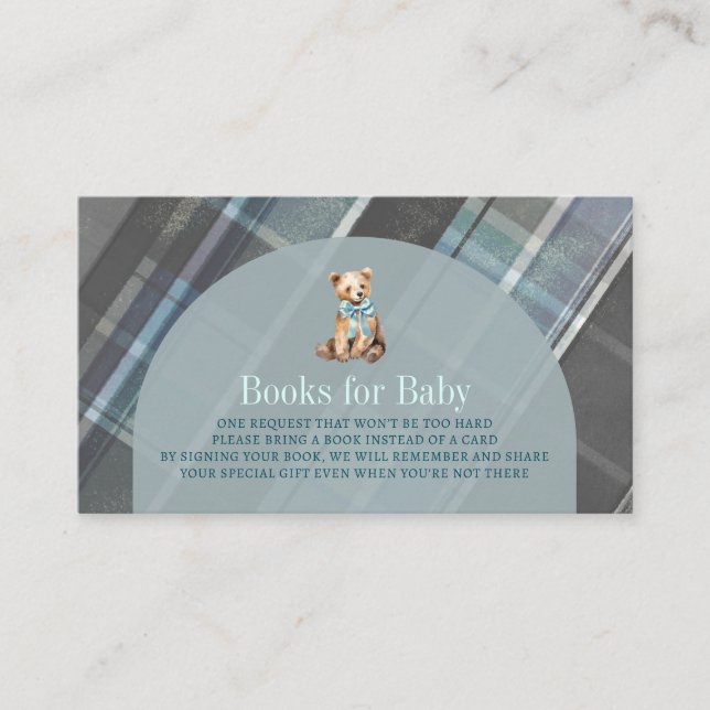 Grey & Blue Plaid Teddy Bear Baby Book Request Enclosure Card (Front)