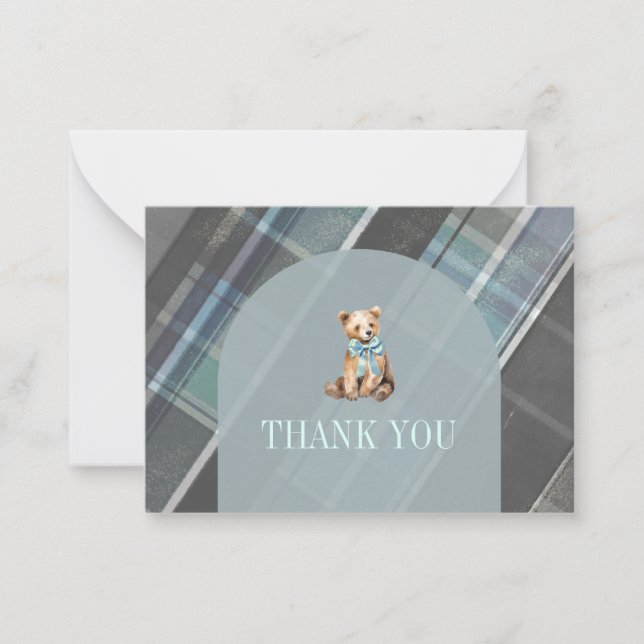 Grey & Blue Plaid Teddy Bear Baby Shower Thank You Card (Front)