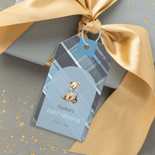Grey & Blue Plaid Teddy Bear Bow Baby Shower Gift Tags