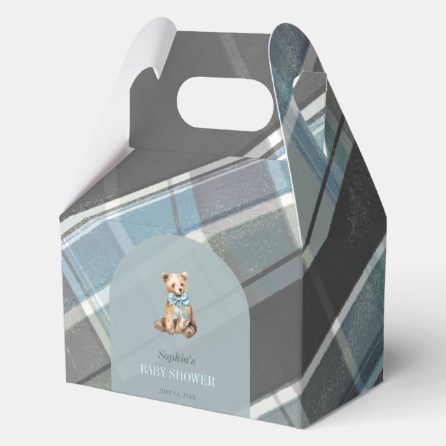 Grey & Blue Plaid Teddy Bear Boy Baby Shower Favour Box (Front)