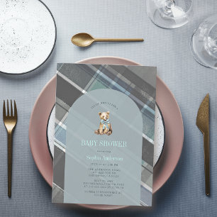 Grey & Blue Plaid Teddy Bear Boy Baby Shower Invitation