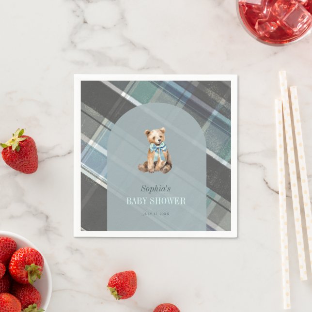 Grey & Blue Plaid Teddy Bear Boy Baby Shower Napkin (Insitu)