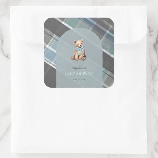 Grey & Blue Plaid Teddy Bear Boy Baby Shower Square Sticker (Bag)
