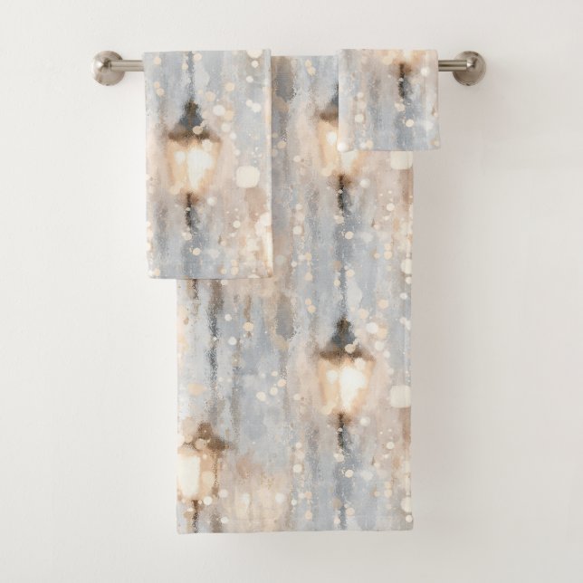 Grey Blue Rainy Day Lantern Bath Towel Set (Insitu)