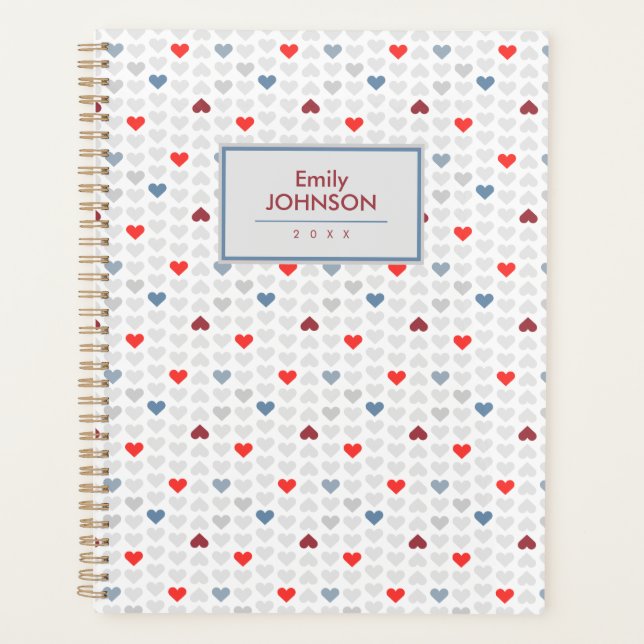 Grey Blue Red Heart Pattern  Planner (Front)