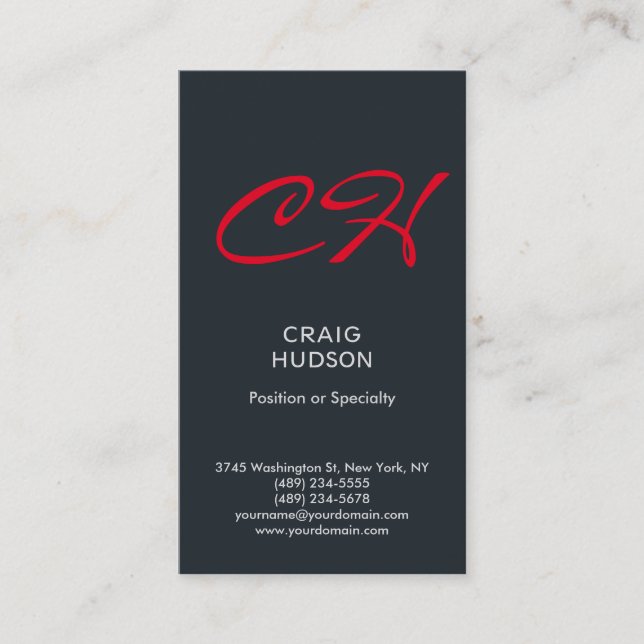 Grey Blue Red Monogram Professional Business Card (Front)