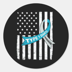 Grey Blue Ribbon American Flag Type 1 Diabetes Awa Classic Round Sticker