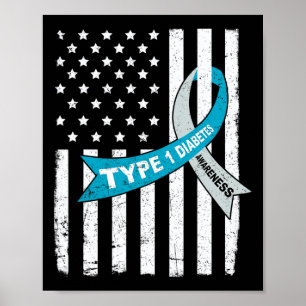 Grey Blue Ribbon American Flag Type 1 Diabetes Awa Poster