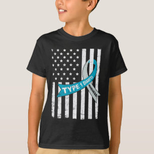Grey Blue Ribbon American Flag Type 1 Diabetes Awa T-Shirt