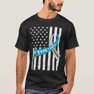 Grey Blue Ribbon American Flag Type 1 Diabetes Awa T-Shirt