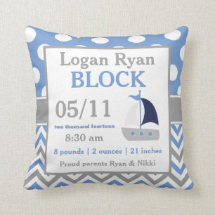 Grey Blue Sailboat Baby Announcement Pillow