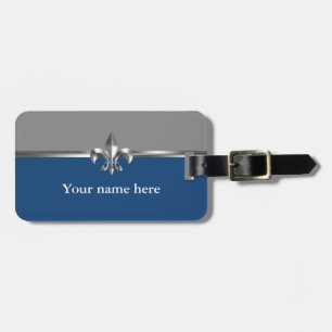 Grey Blue Silver Fleur de Lis Luggage Tag