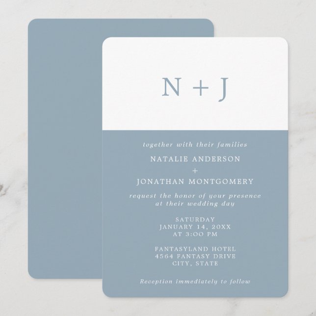 grey blue Simple Elegant Classic Minimal Wedding Invitation (Front/Back)