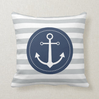 Grey & blue striped anchor pillow
