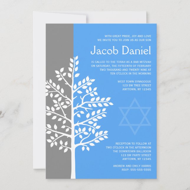 Grey Blue Tree of Life Bar Mitzvah Invitations (Front)