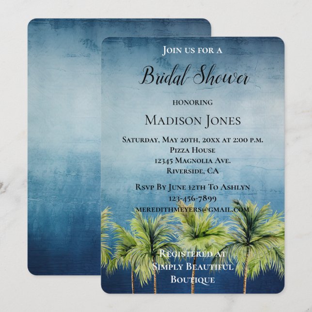 Grey Blue Tropical Palm Trees Bridal Shower Invitation (Front/Back)