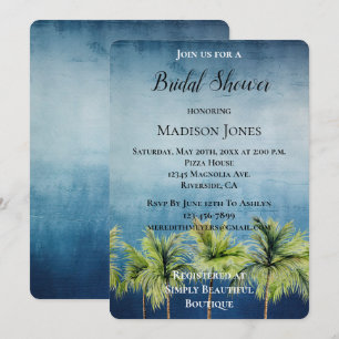 Grey Blue Tropical Palm Trees Bridal Shower Invitation