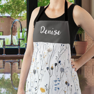 Grey Blue Watercolor Wildflower Custom Name Apron