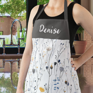 Grey Blue Watercolor Wildflower Custom Name Apron