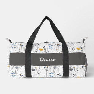 Grey Blue Watercolor Wildflower Monogram Duffle Bag