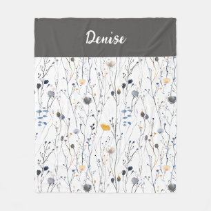 Grey Blue Watercolor Wildflower Name Fleece Blanket