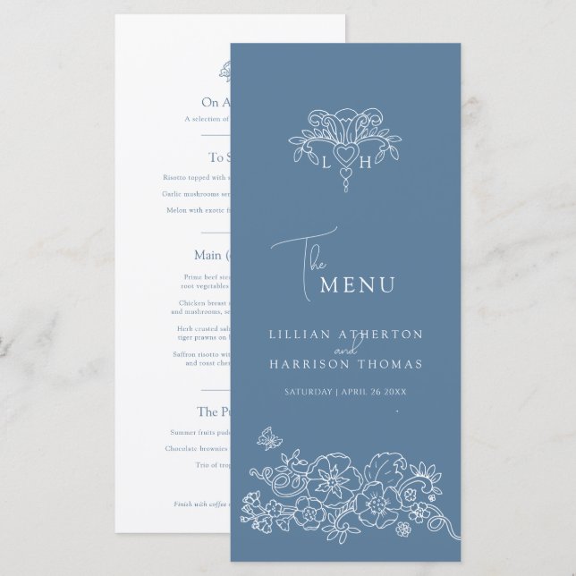 Grey blue white monogram fleur de lis wedding menu (Front/Back)