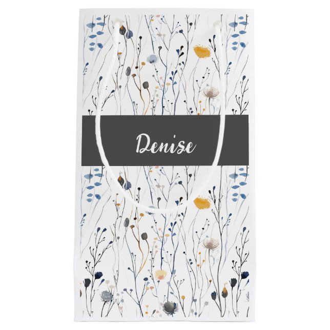 Grey Blue Wildflower Watercolor Monogram Small Gift Bag (Front)