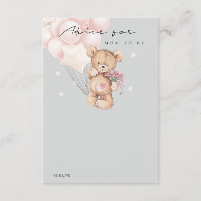 Grey Blush Bear Balloon Advice For Mum Baby Shower Enclosure Card (Front)