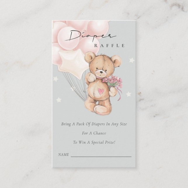 Grey Blush Bear Balloon Diaper Raffle Baby Shower Enclosure Card (Front)
