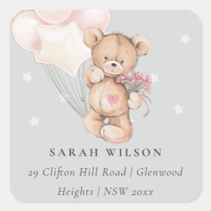 Grey Blush Bear Balloon Floral Bunch Heart Address Square Sticker