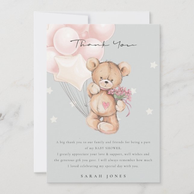 Grey  Blush Bear Bearly Wait Balloon Baby Shower Thank You Card (Front)