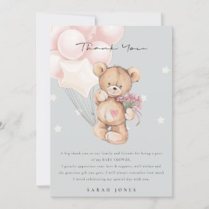 Grey Blush Bear Bearly Wait Balloon Baby Shower Thank You Card