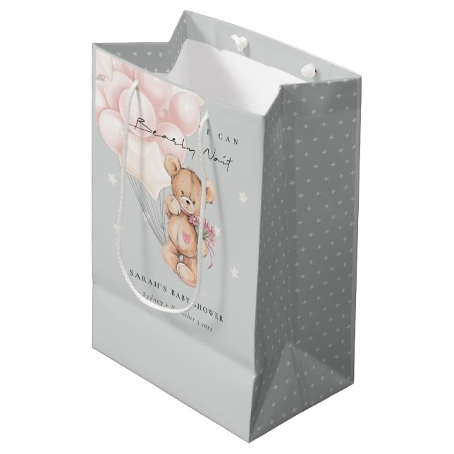 Grey Blush Bearly Wait Bear Balloon Baby Shower Medium Gift Bag (Front Angled)