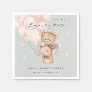 Grey Blush Bearly Wait Bear Balloon Baby Shower Napkin