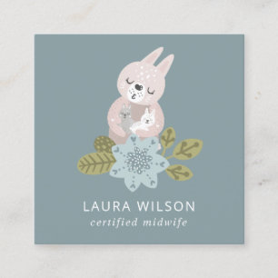 GREY BLUSH BLUE SCANDI FLORAL BEAR BABY MIDWIFE SQUARE BUSINESS CARD