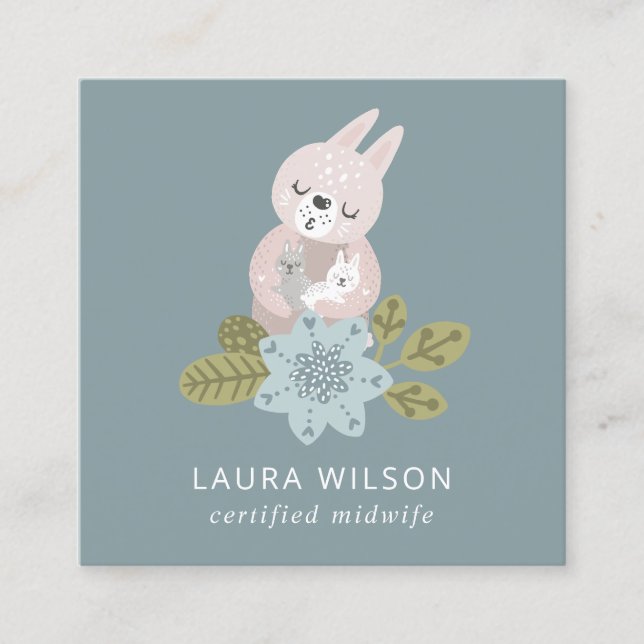 GREY BLUSH BLUE SCANDI FLORAL BEAR BABY MIDWIFE SQUARE BUSINESS CARD (Front)