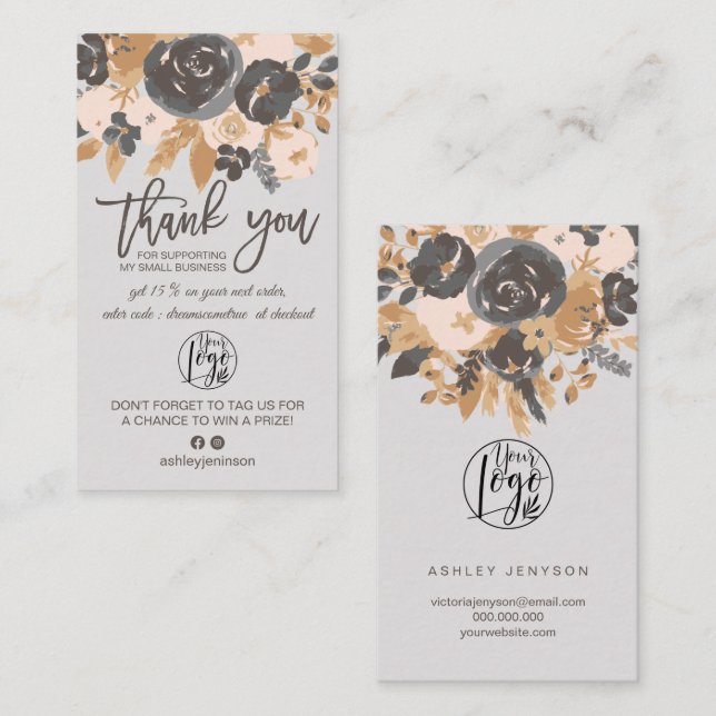 grey blush boho floral script logo order thank you business card (Front/Back)